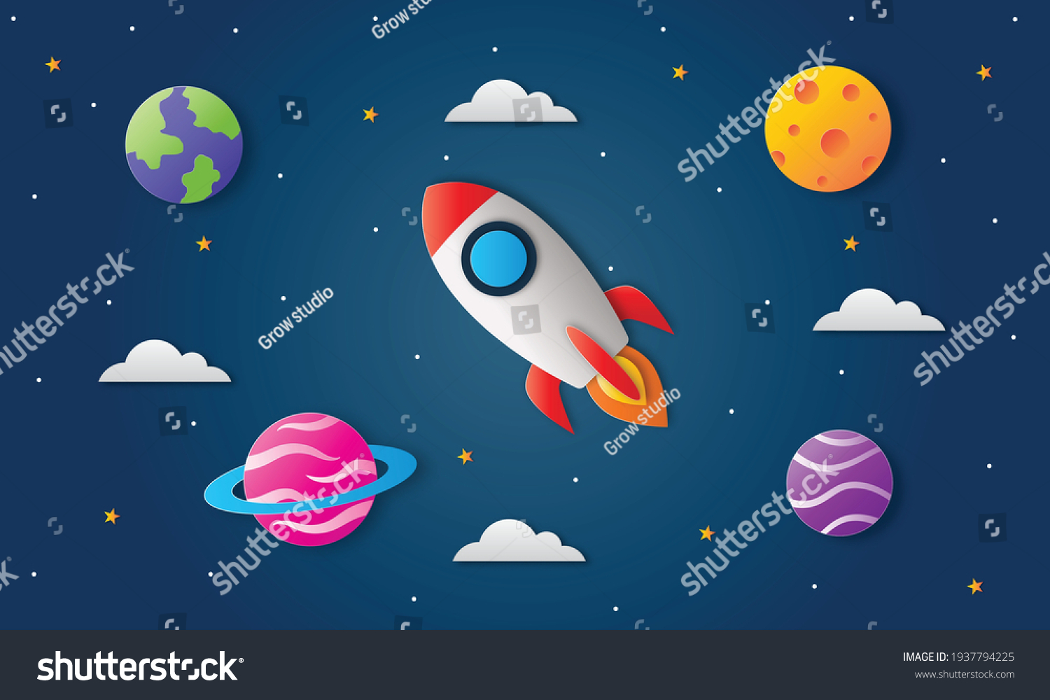 Space Night Sky Moon Stars Rocket Stock Vector (Royalty Free ...