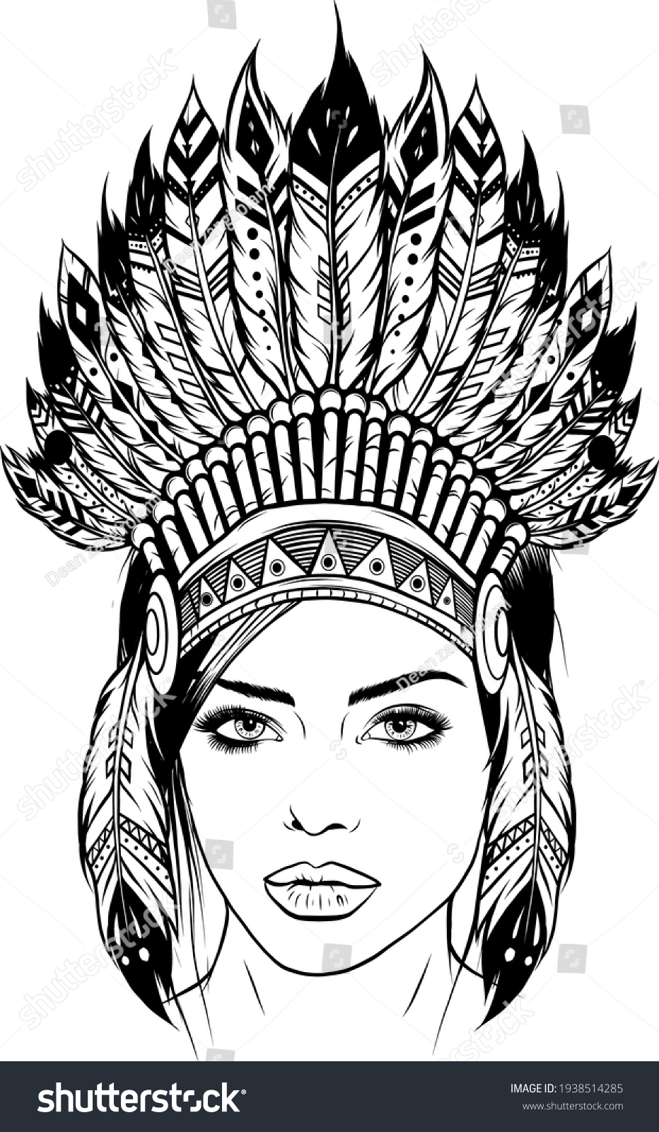 Draw Black White Beautiful Girl Headdress Stock Vector (Royalty Free ...