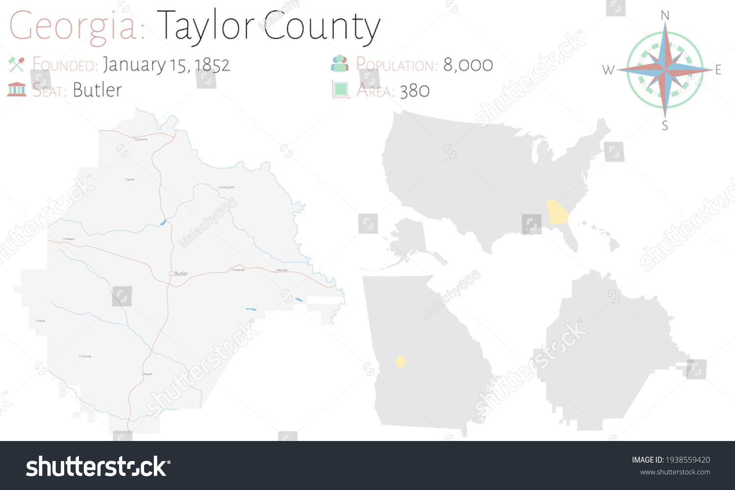 Large Detailed Map Taylor County Georgia Stock Vector (Royalty Free ...