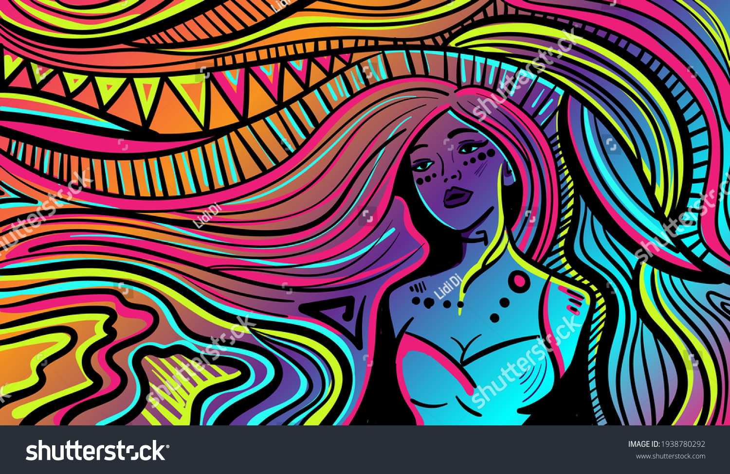 Colourful Psychedelic Line Art Abstract Woman: стоковая векторная графика (...