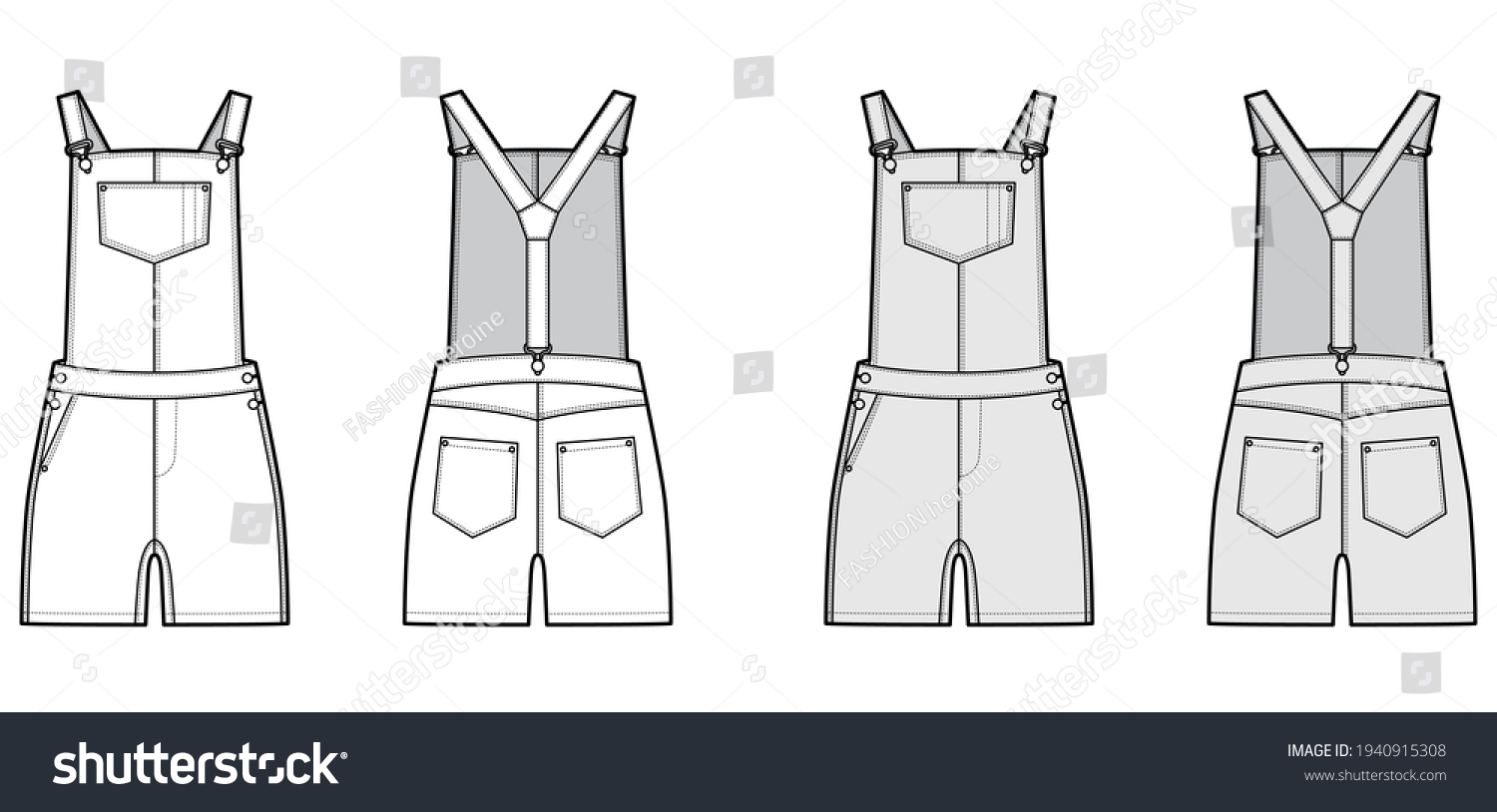 Dungarees Denim Overall Jumpsuit Technical Fashion Stock Vector