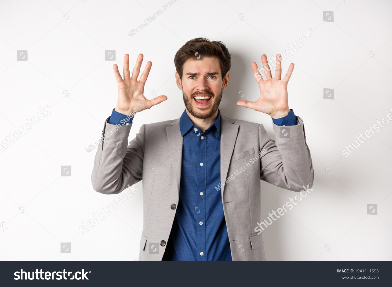 Frustrated Man Giving Raising Hands Surrender Stock Photo 1941111595 