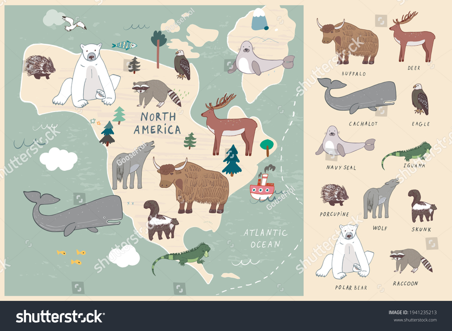 World Map Animals North America Vector Stock Vector (Royalty Free ...