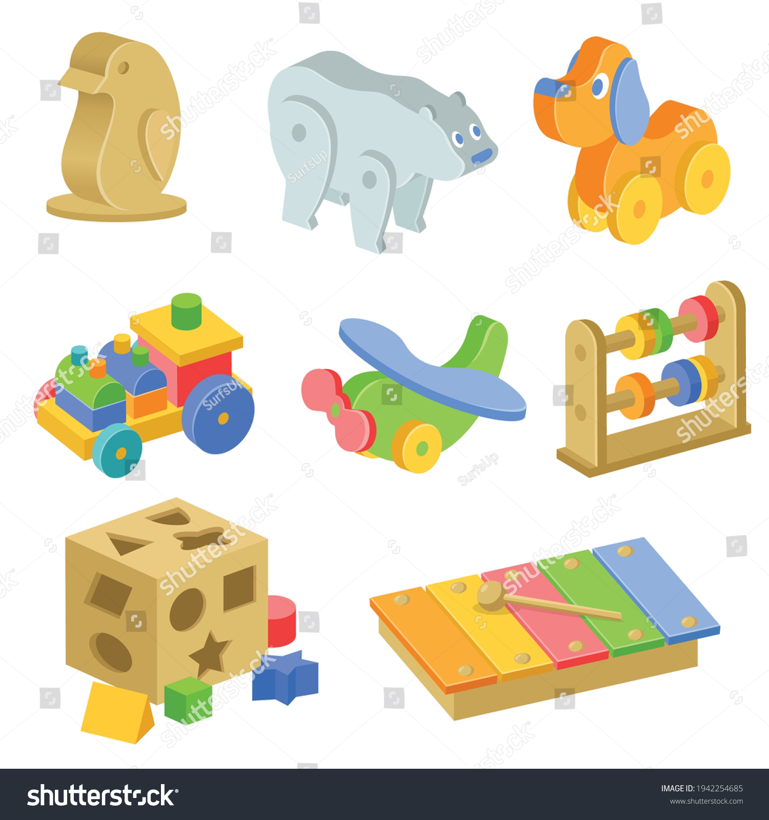 Children Wooden Toys Illustrations Set Collection Stock Vector (Royalty ...