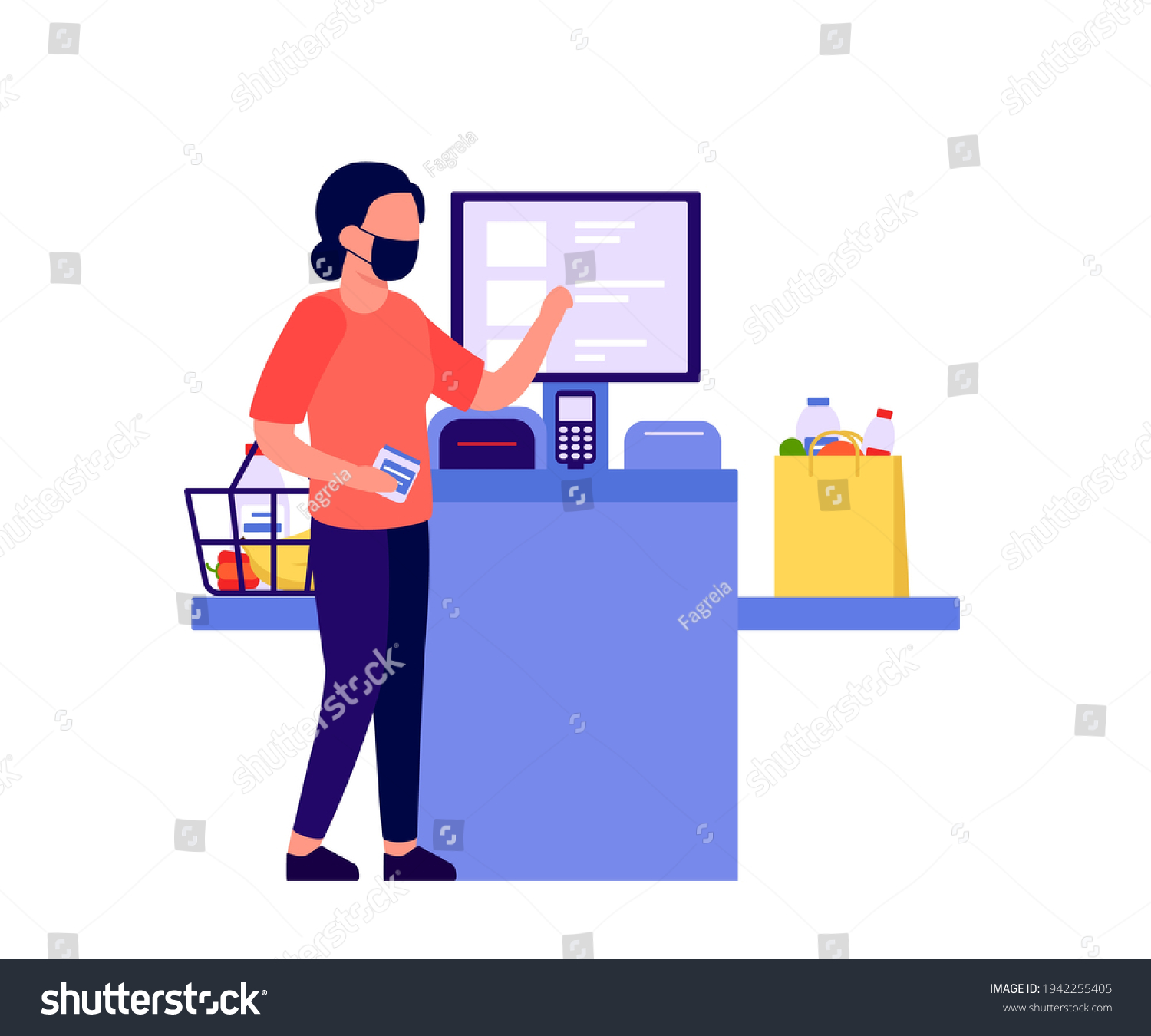 Self Checkout Shop Woman Paying Products Stock Vector (Royalty Free ...