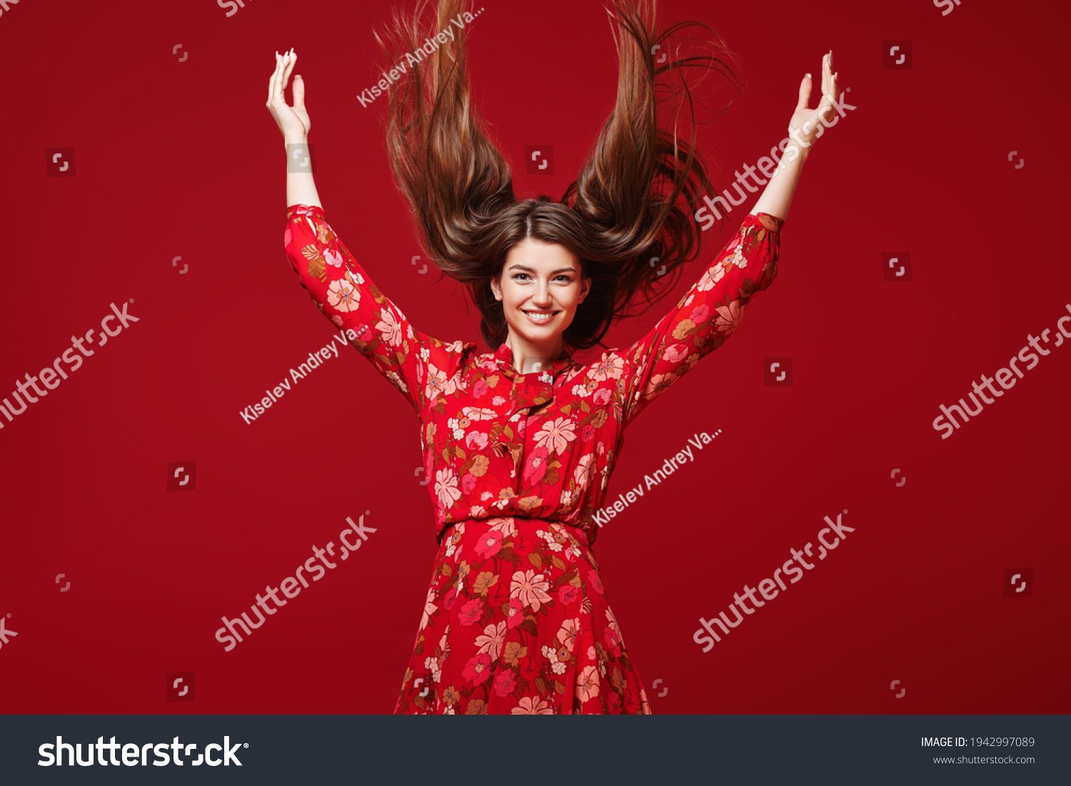 Portrait Smiling Young Woman Red Dress Stock Photo 1942997089 ...