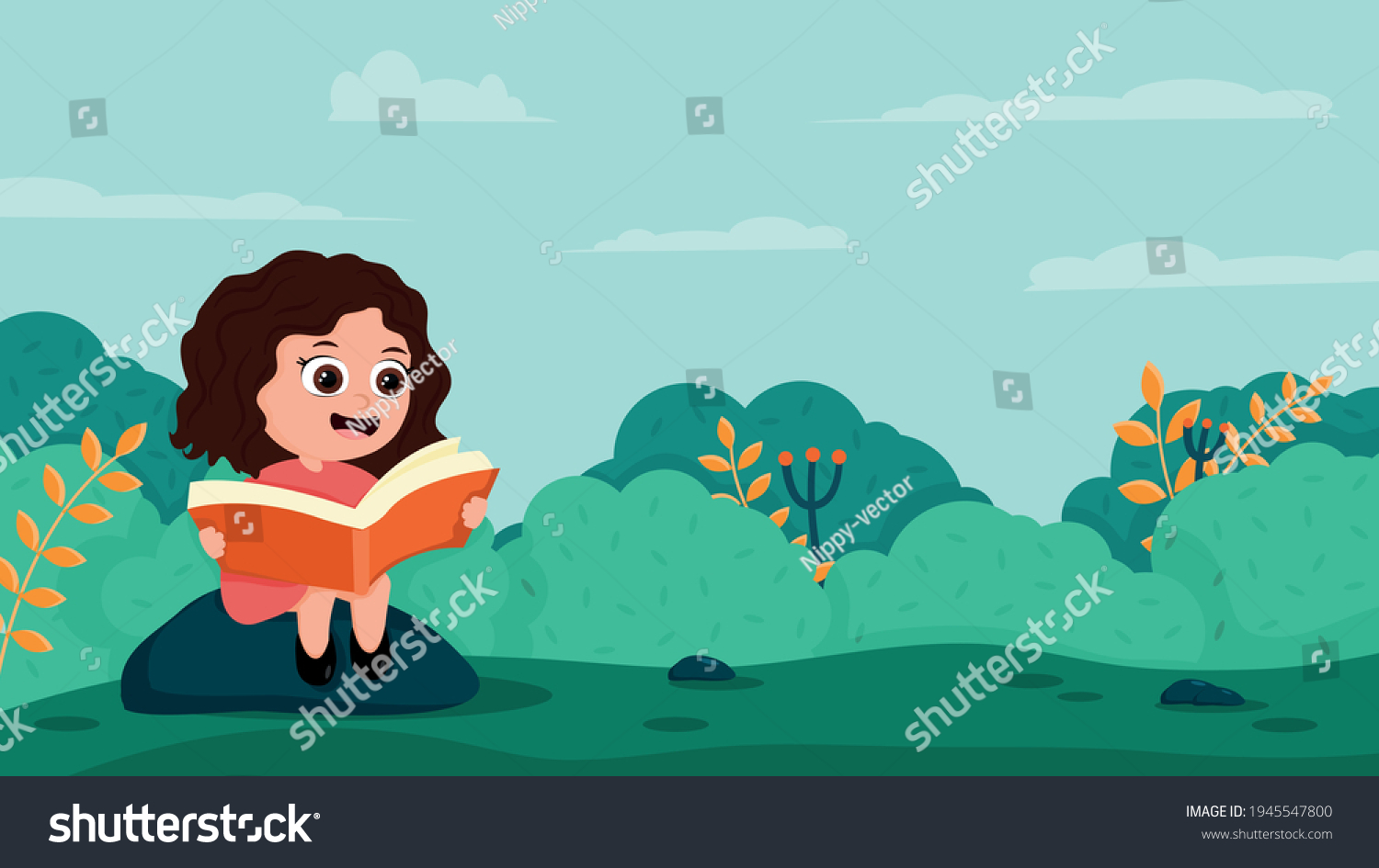 Cartoon Girl Reading Book Outdoor Stock Vector Royalty Free 1945547800 Shutterstock 0300