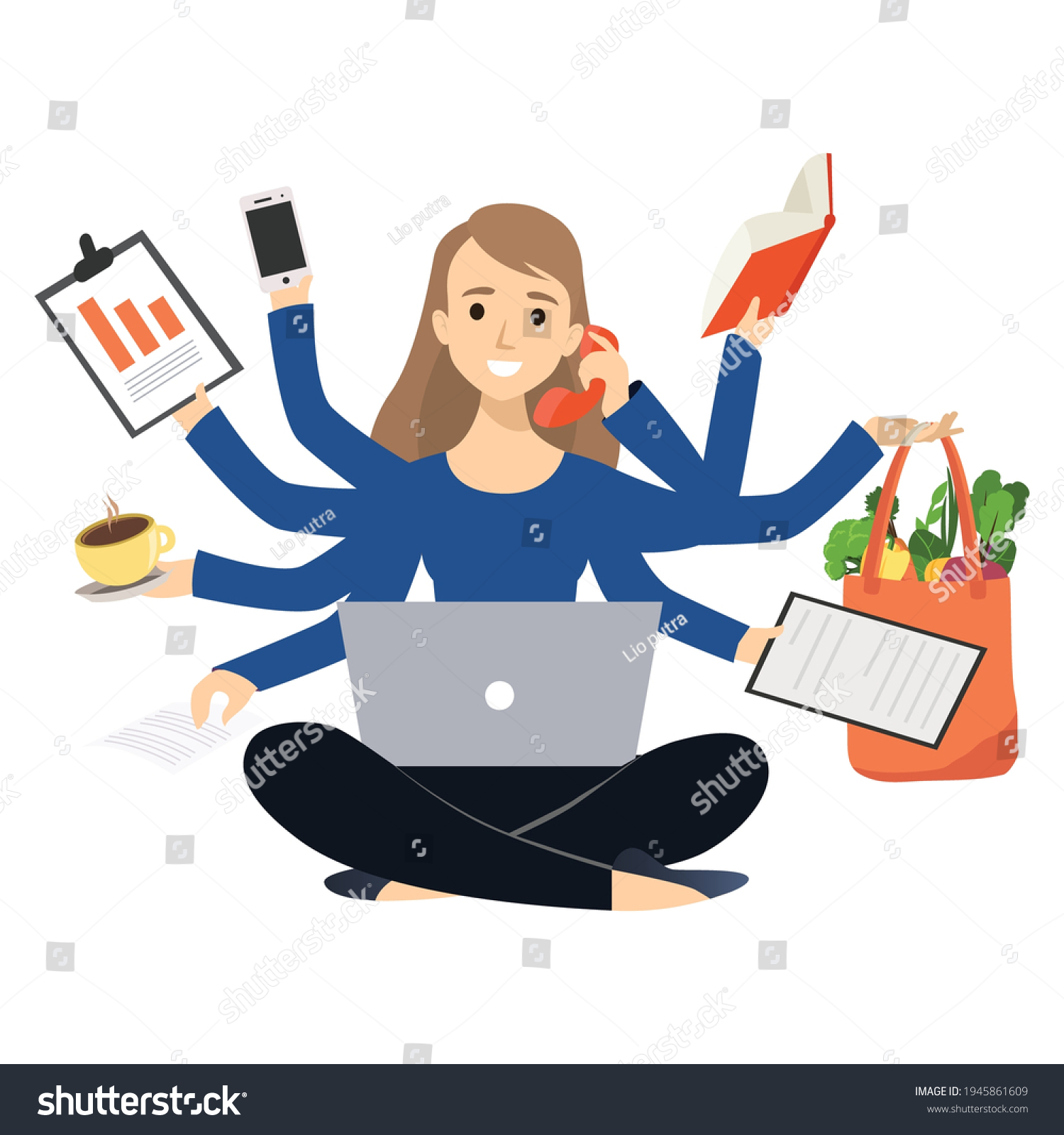 Multitasking Busy Woman Many Arms Doing Stock Vector (Royalty Free ...