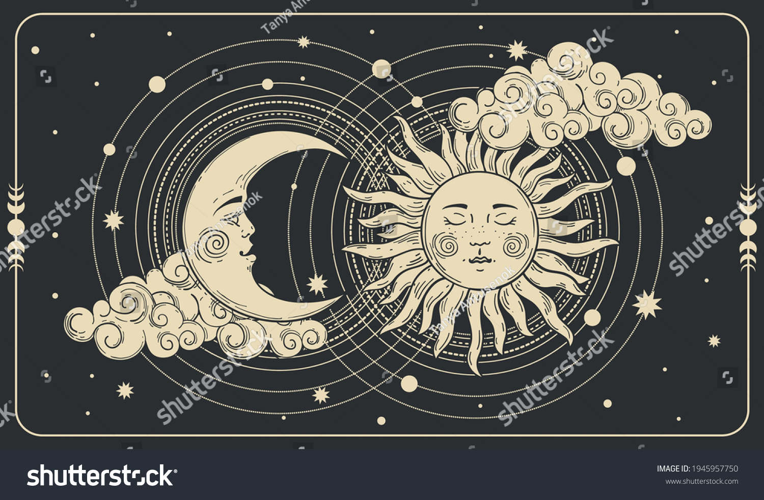 Sun Crescent Moon Face On Black Stock Vector (Royalty Free) 1945957750 ...