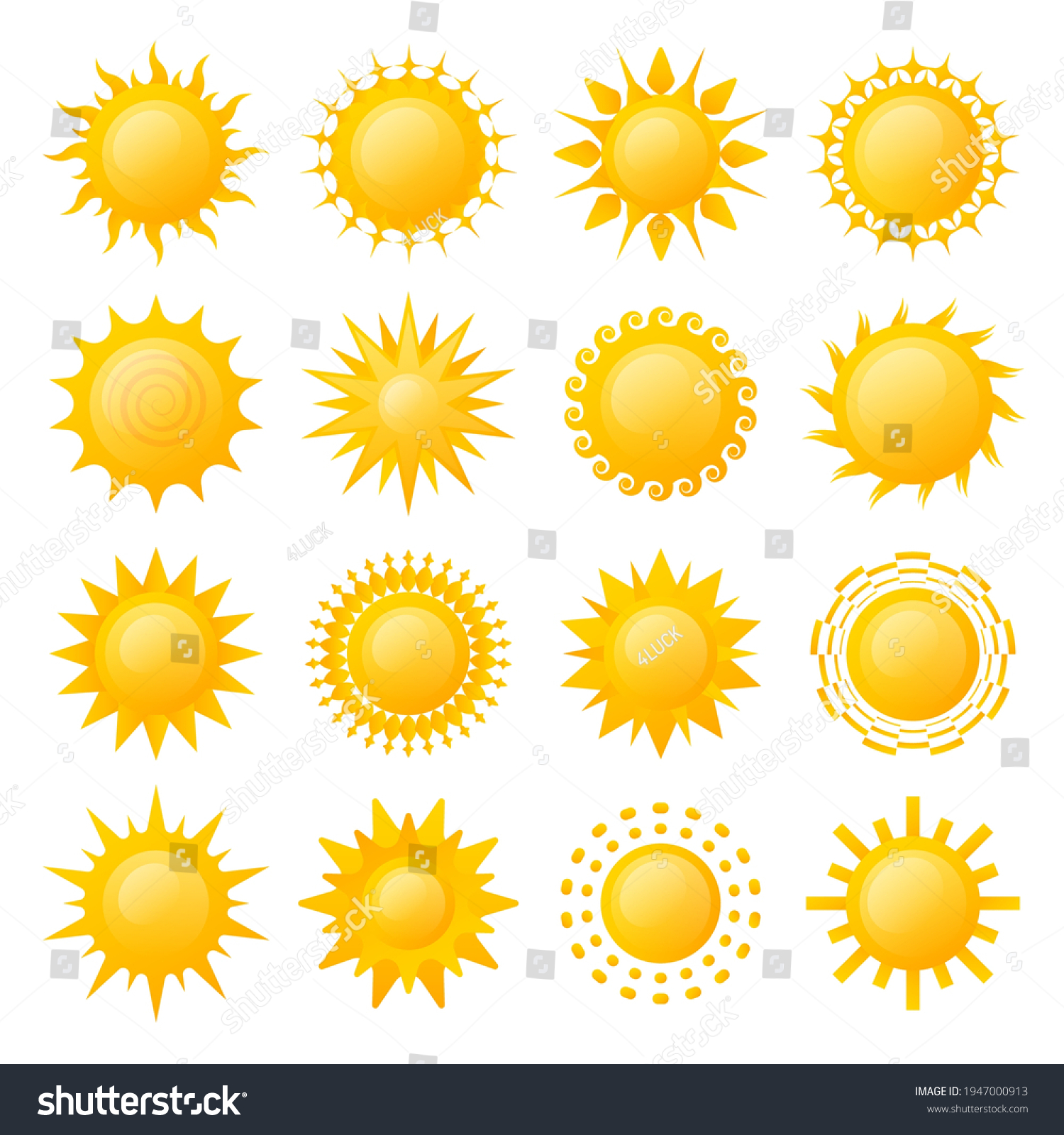 Set Yellow Sun Icons Vector Image Stock Vector (Royalty Free