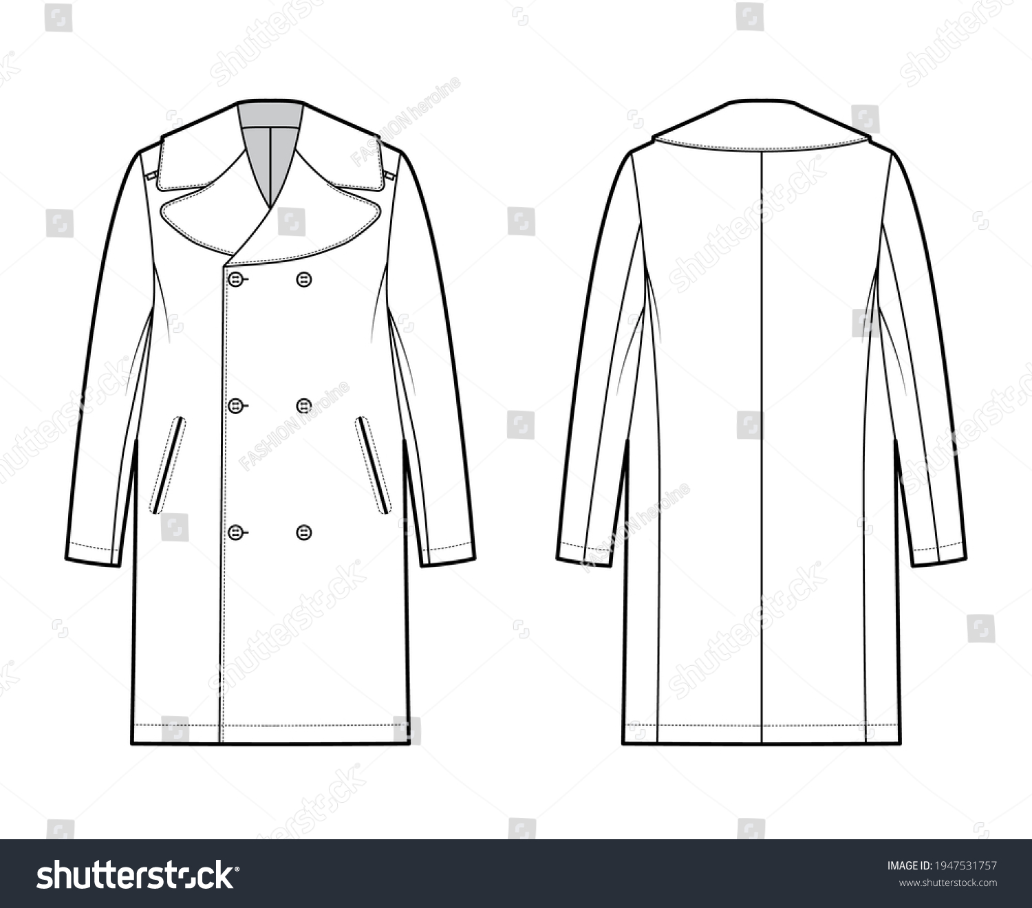 Reefer Overcoat Technical Fashion Illustration Double Stock Vector ...