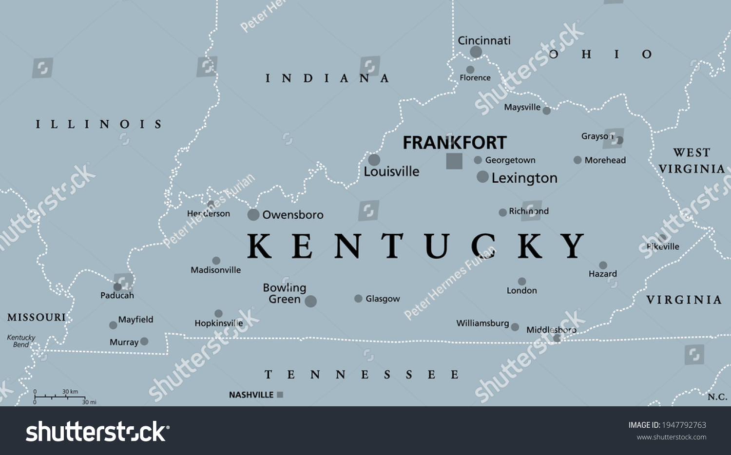 Kentucky Ky Gray Political Map Capital Stock Vector Royalty Free 1947792763 Shutterstock 3503
