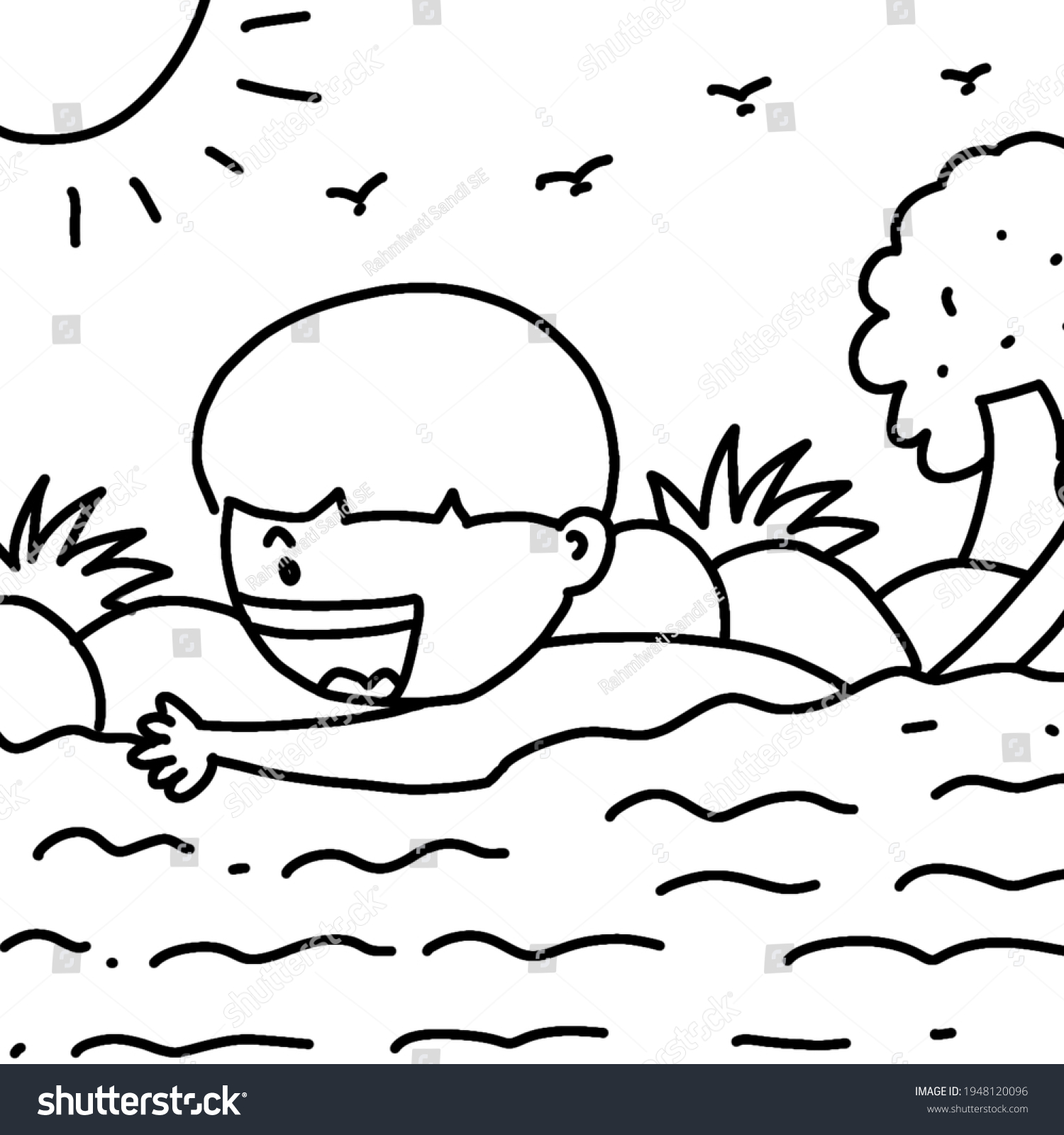 Doodle Sketch Little Boy Swimming River Stock Illustration 1948120096 ...