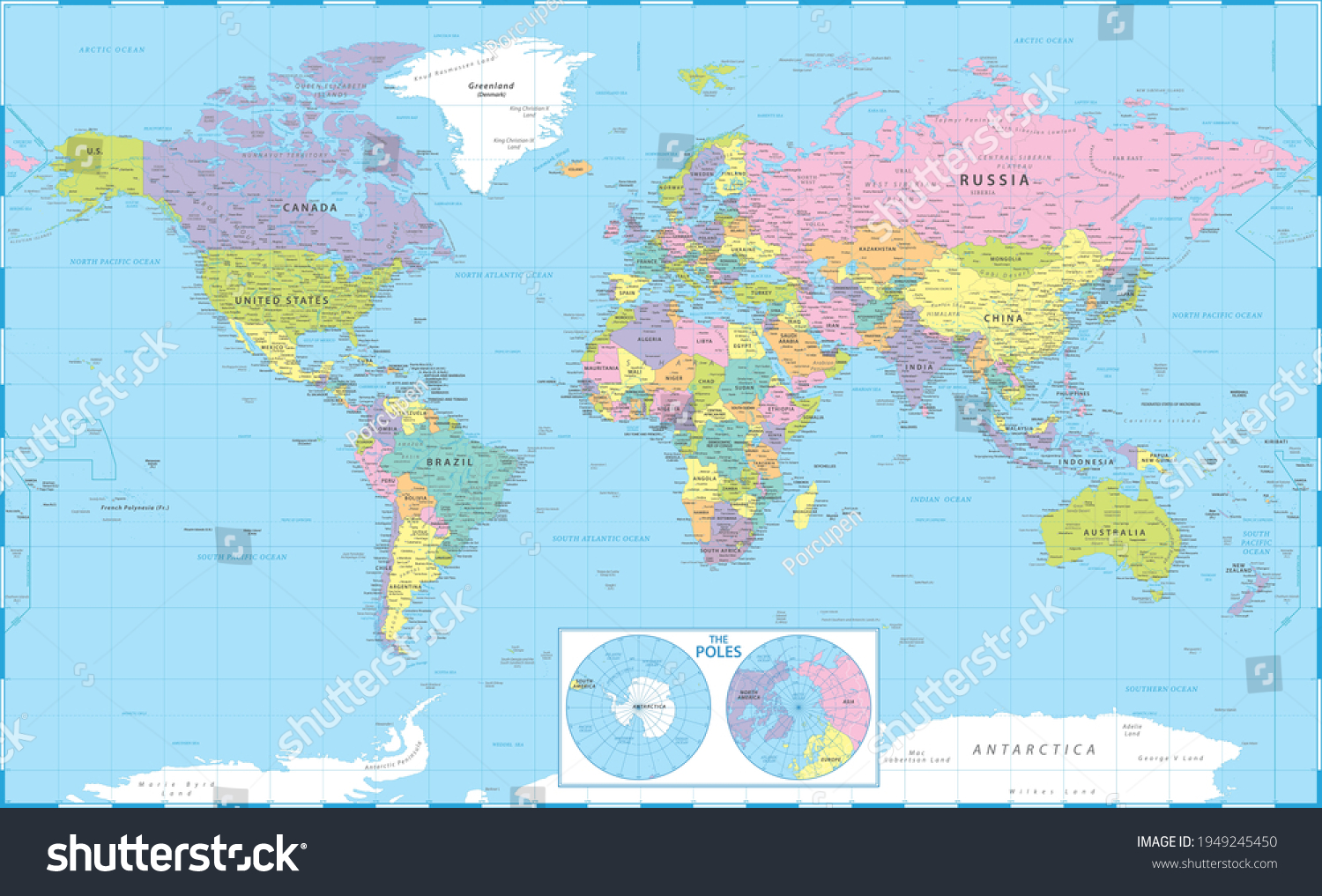 World Map Political Poles Vector Detailed Stock Vector (Royalty Free ...