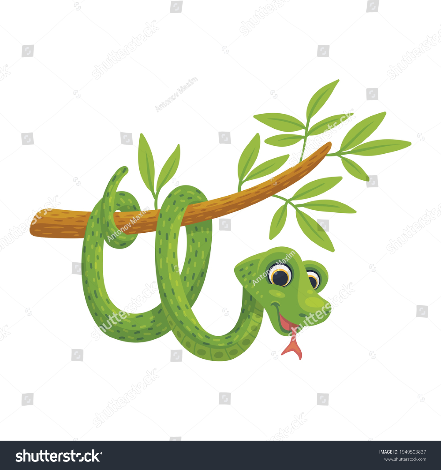 Green Cartoon Snake Hanging Tree Branch Stock Vector (Royalty Free ...