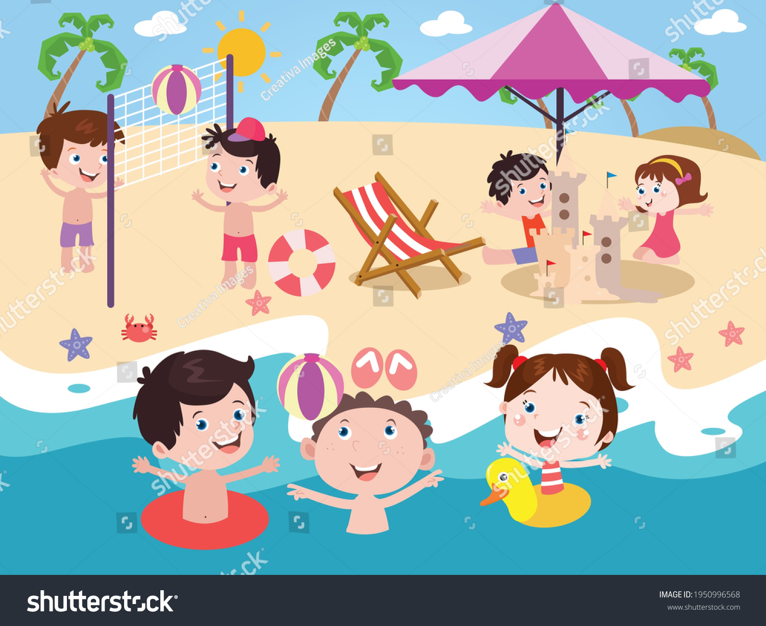 Happy Kids Playing Beach Vector Concept Stock Vector (Royalty Free ...