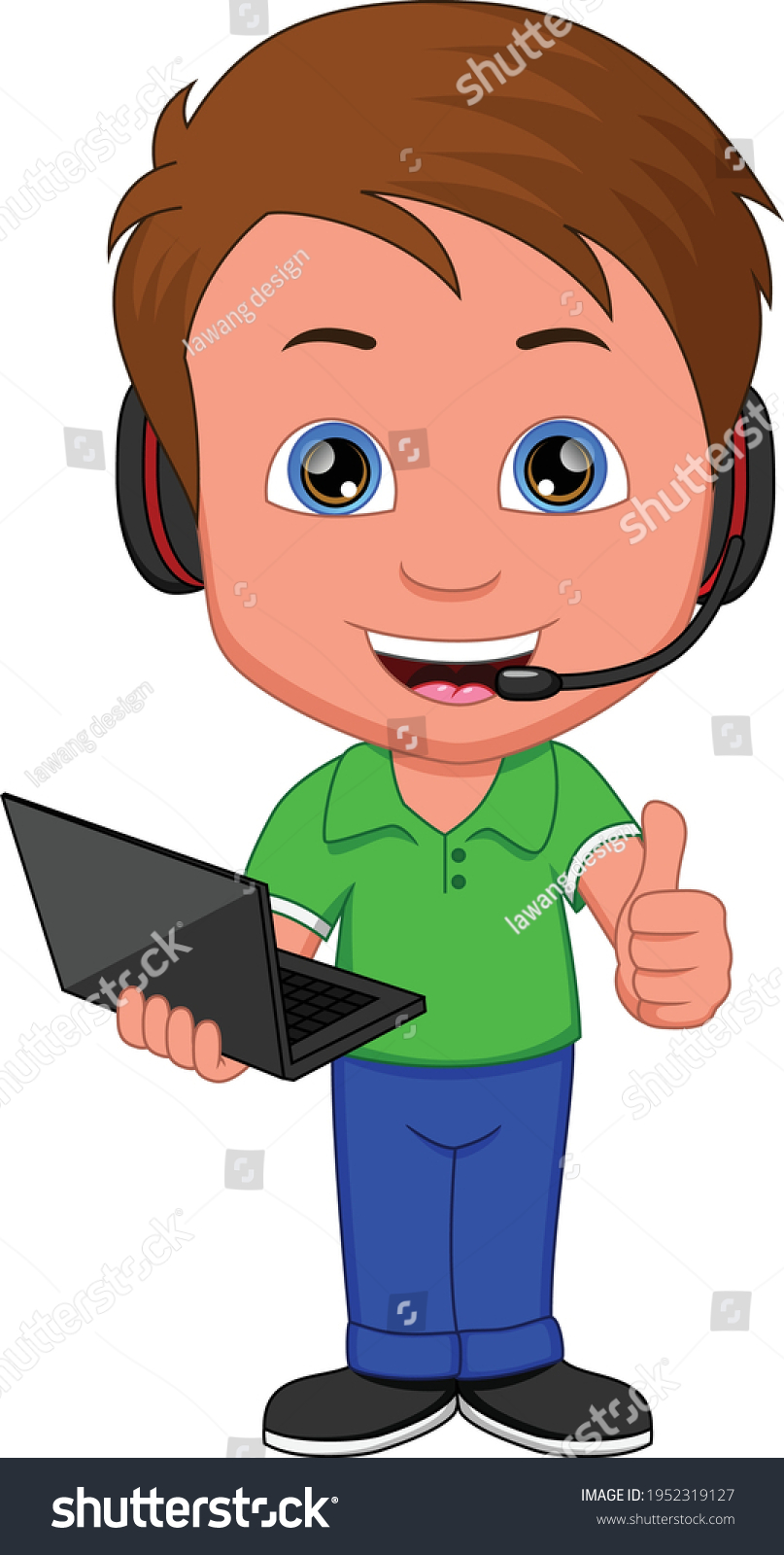 Cartoon Boy Holding Laptop Thumbs Stock Vector (Royalty Free ...