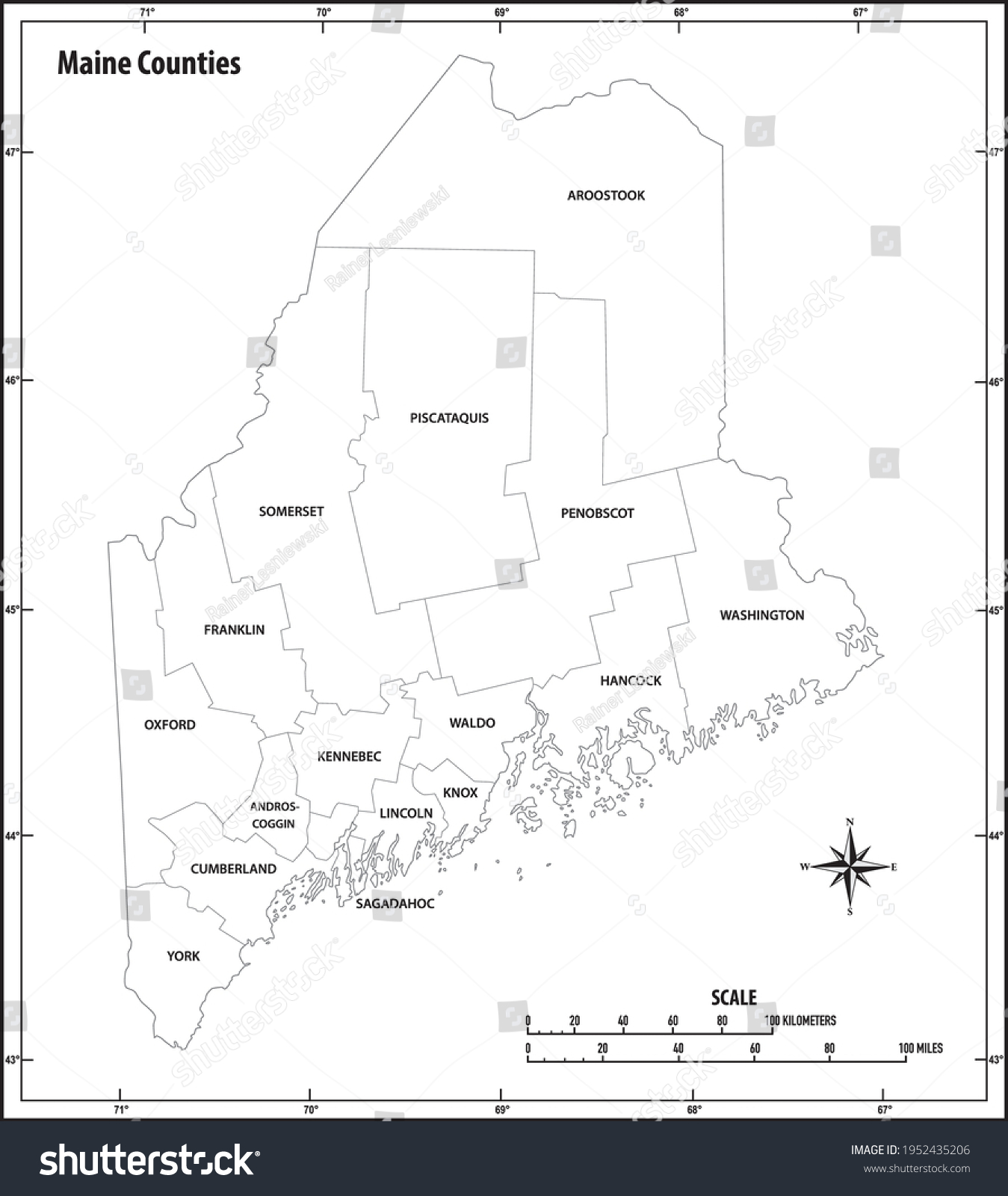 Maine State Outline Administrative Political Vector Stock Vector   Stock Vector Maine State Outline Administrative And Political Vector Map In Black And White 1952435206 