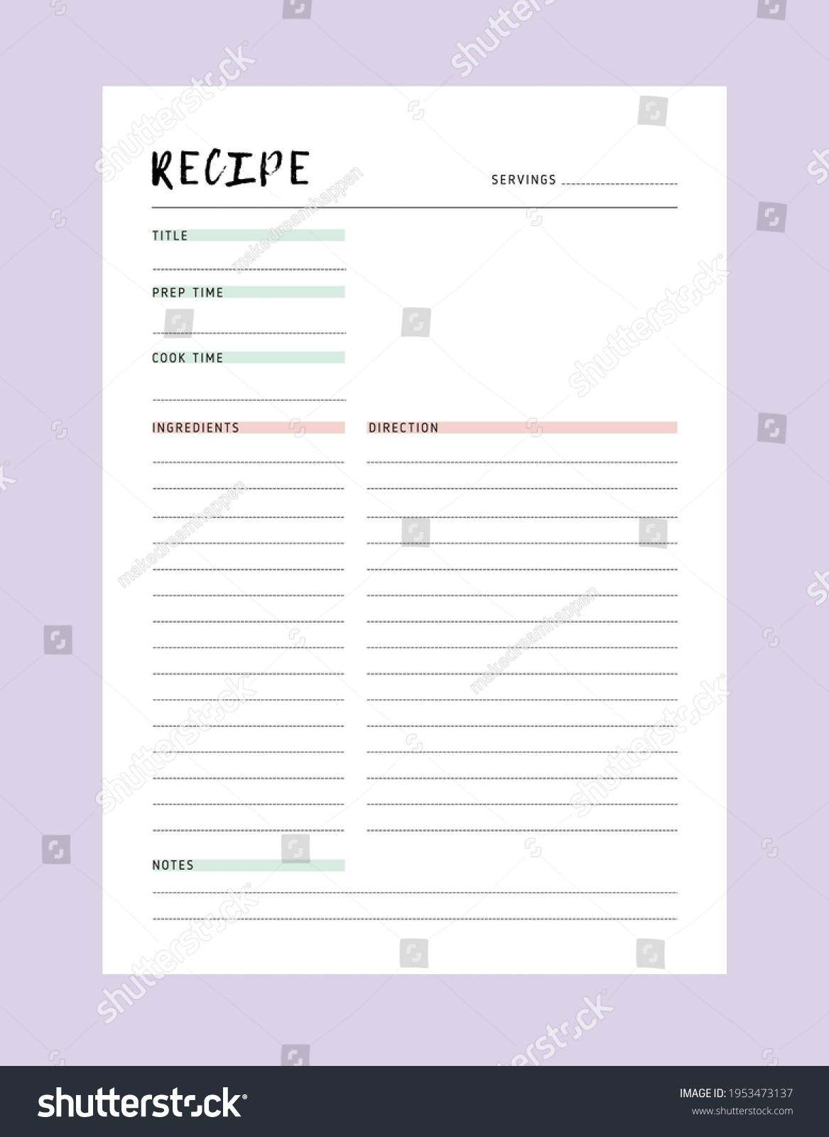 Recipe Card Meal Planner Printable Template Stock Vector (Royalty Free ...