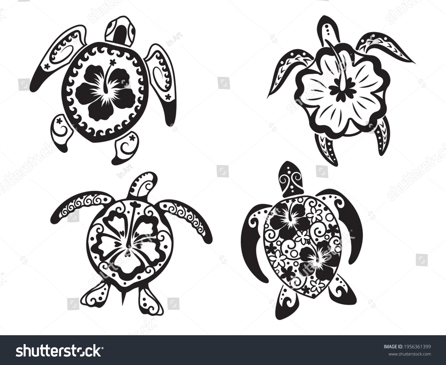 1 062 Maori Turtle Images Stock Photos Vectors Shutterstock   Stock Vector Set Of Sea Turtles With Flowers Collection Of Floral Tropical Underwater Inhabitants With Armor 1956361399 