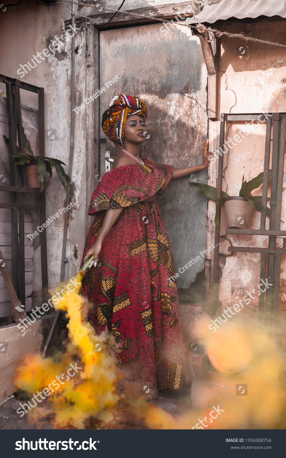 Beautiful African Woman Red African Dress Stock Photo 1956900754