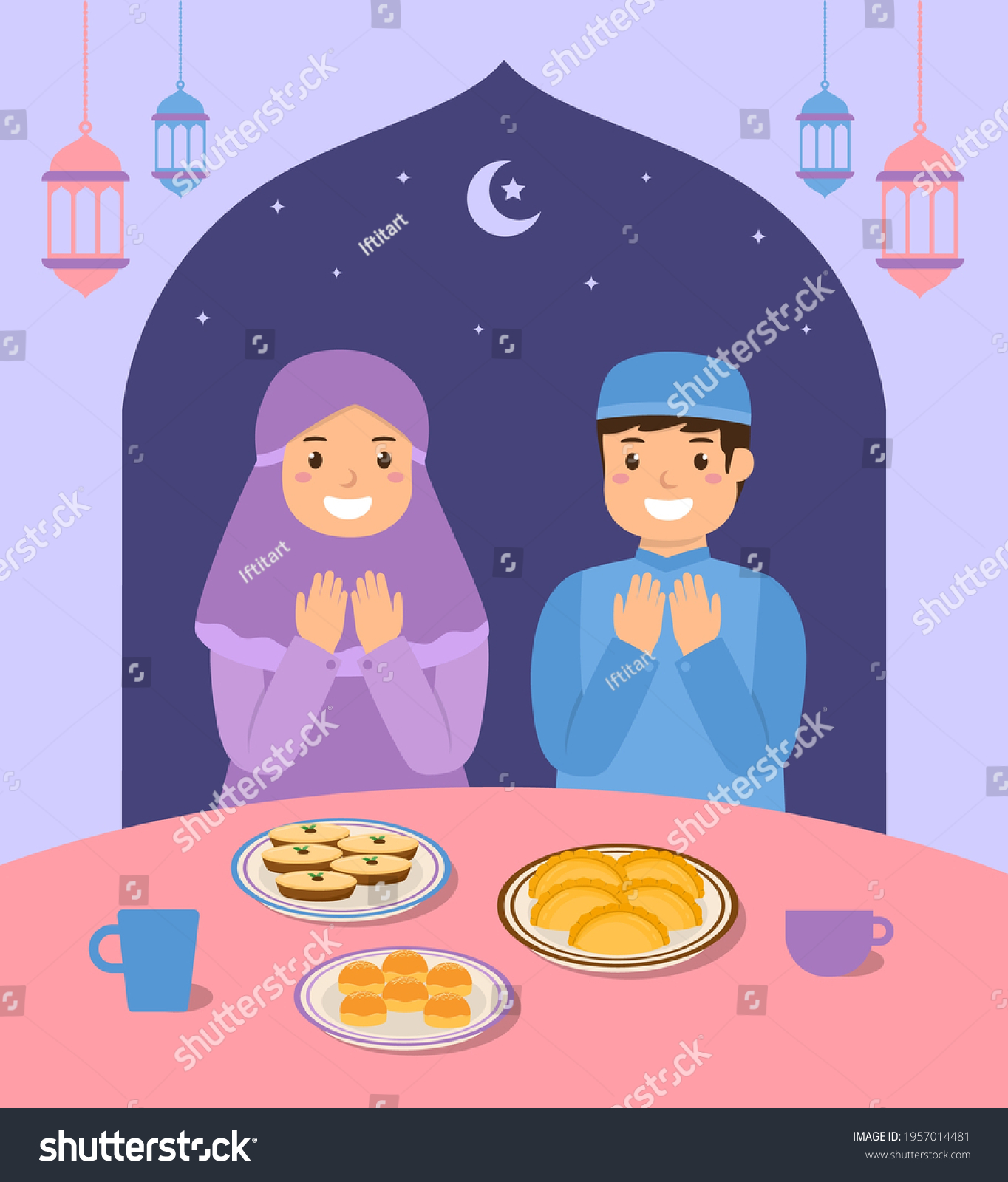 Hand Drawn Muslim Children Iftar Time Stock Vector (Royalty Free ...