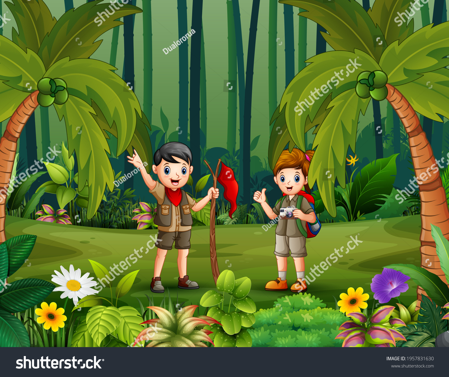 Cartoon Scout Boy Girl Hiking Forest Stock Illustration 1957831630 ...