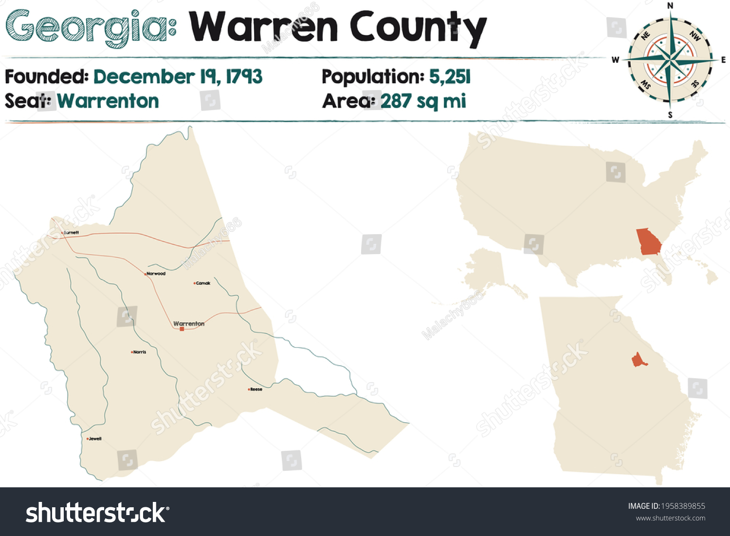 Large Detailed Map Warren County Georgia Stock Vector Royalty Free 1958389855 Shutterstock 9155