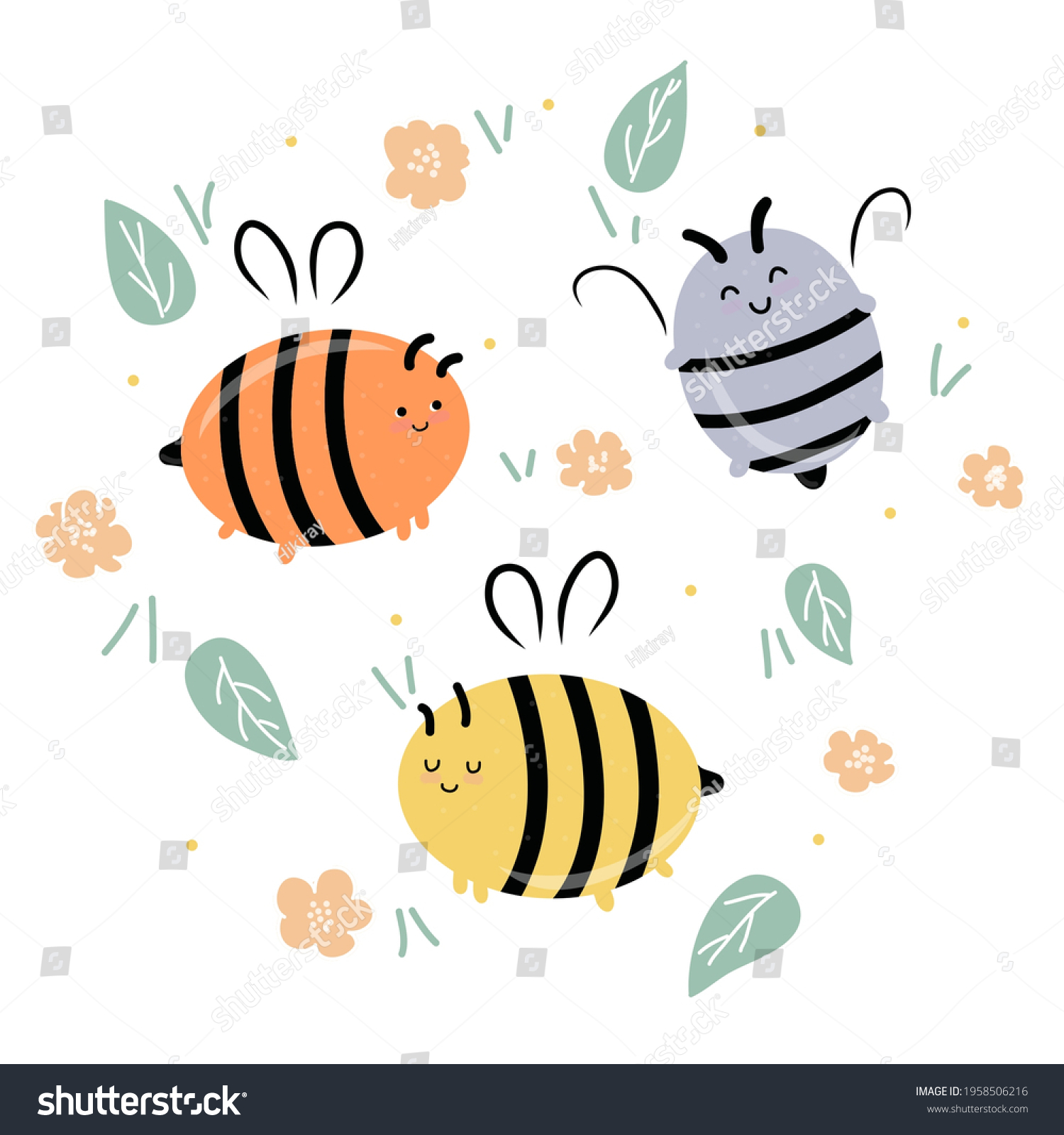 Cute Cartoon Fat Bees Hand Drawn Stock Vector (Royalty Free) 1958506216 ...