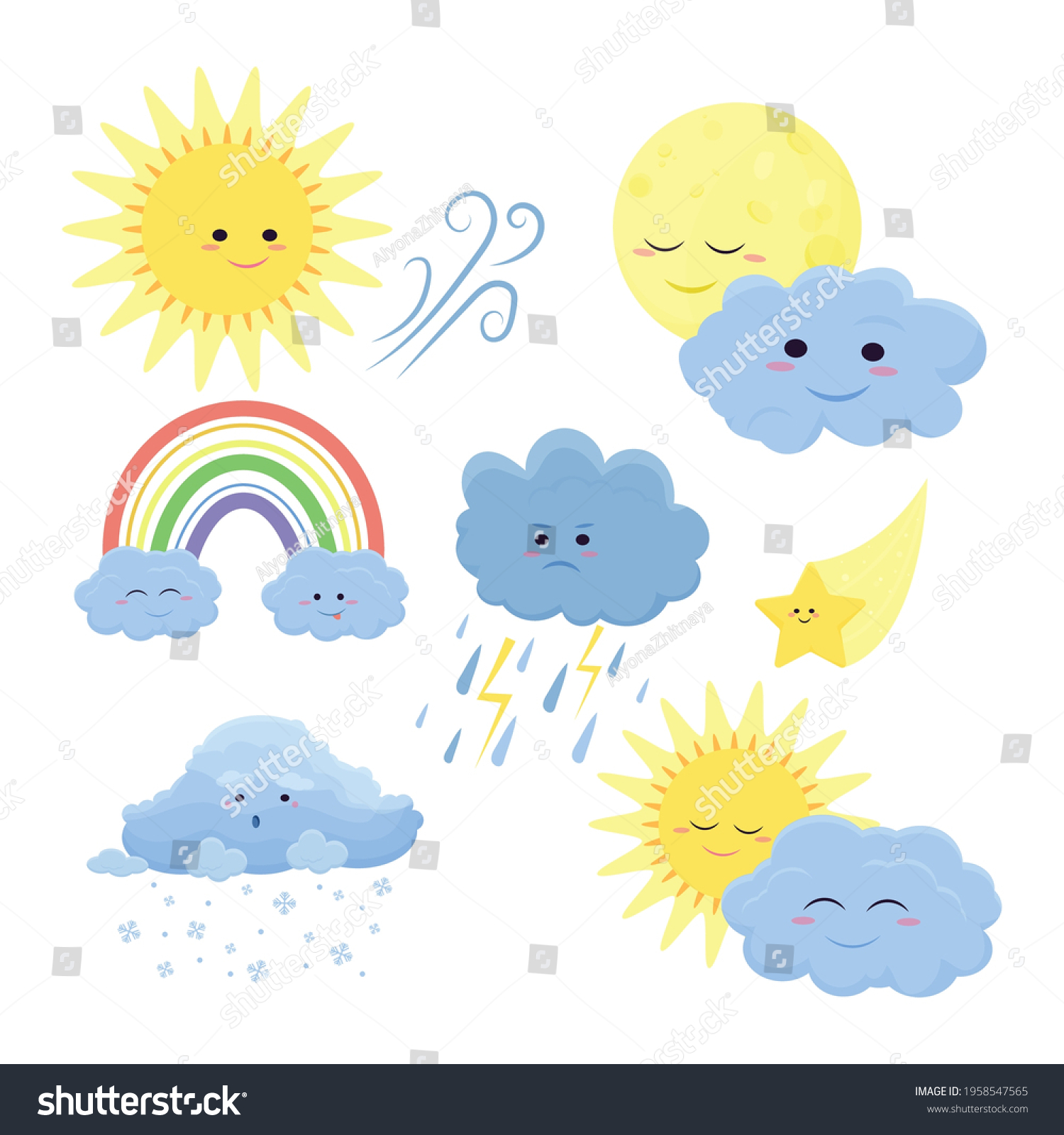 Cute Weather Icons Set Cartoon Flat Stock Vector (Royalty Free ...