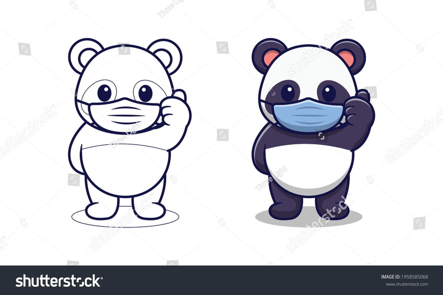 Cute Panda Wearing Mask Cartoon Coloring Stock Vector (Royalty Free ...