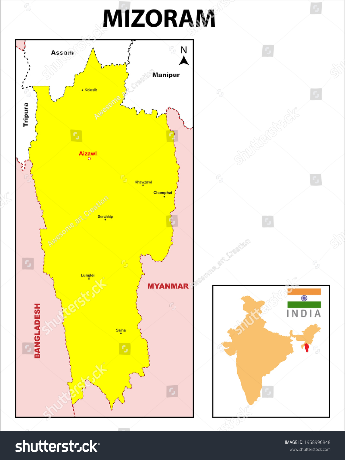 Mizoram Map Major District Mizoram Political Stock Vector (Royalty Free ...