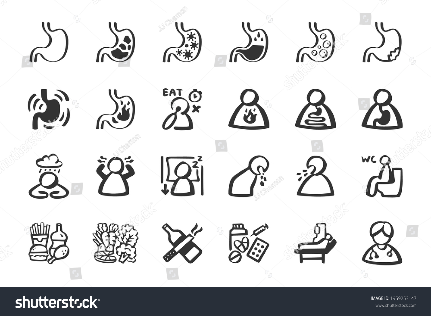 Gastritis Disorder Icon Set Hand Drawn Stock Vector (Royalty Free ...