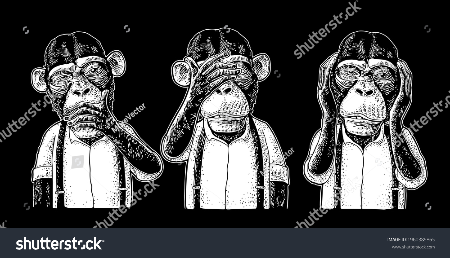 Three Wise Monkeys Hand On Ears Stock Vector (Royalty Free) 1960389865 ...