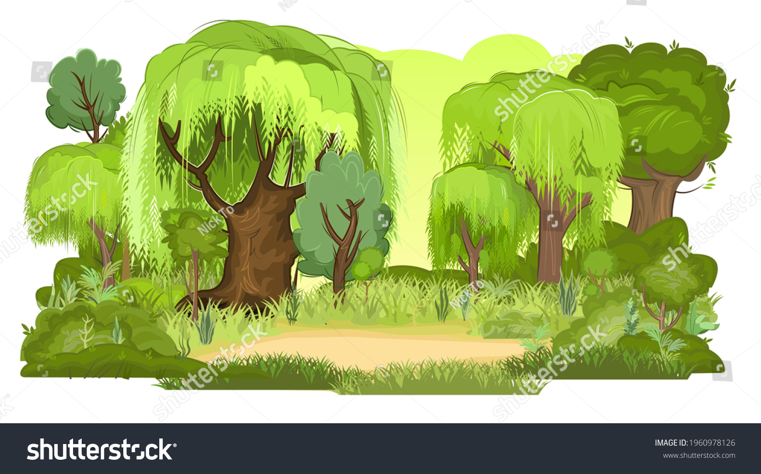 Glade Summer Forest Willows Oaks Grass Stock Vector (Royalty Free ...