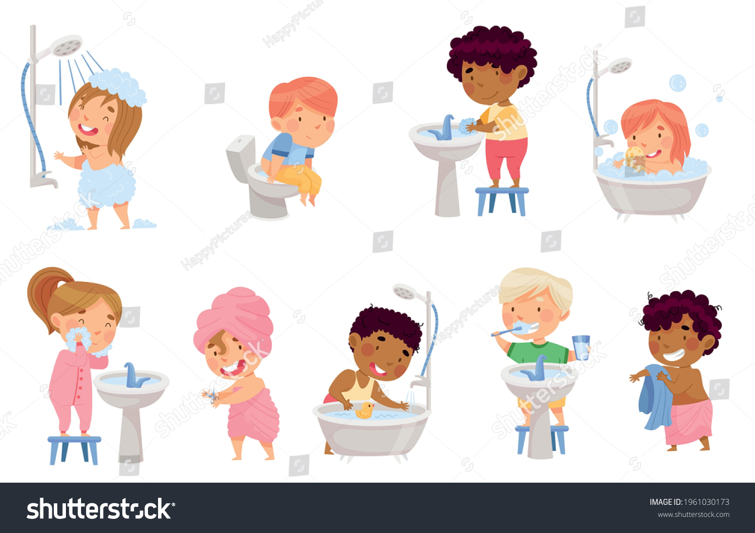 Little Kids Taking Bath Brushing Teeth Stock Vector (Royalty Free ...