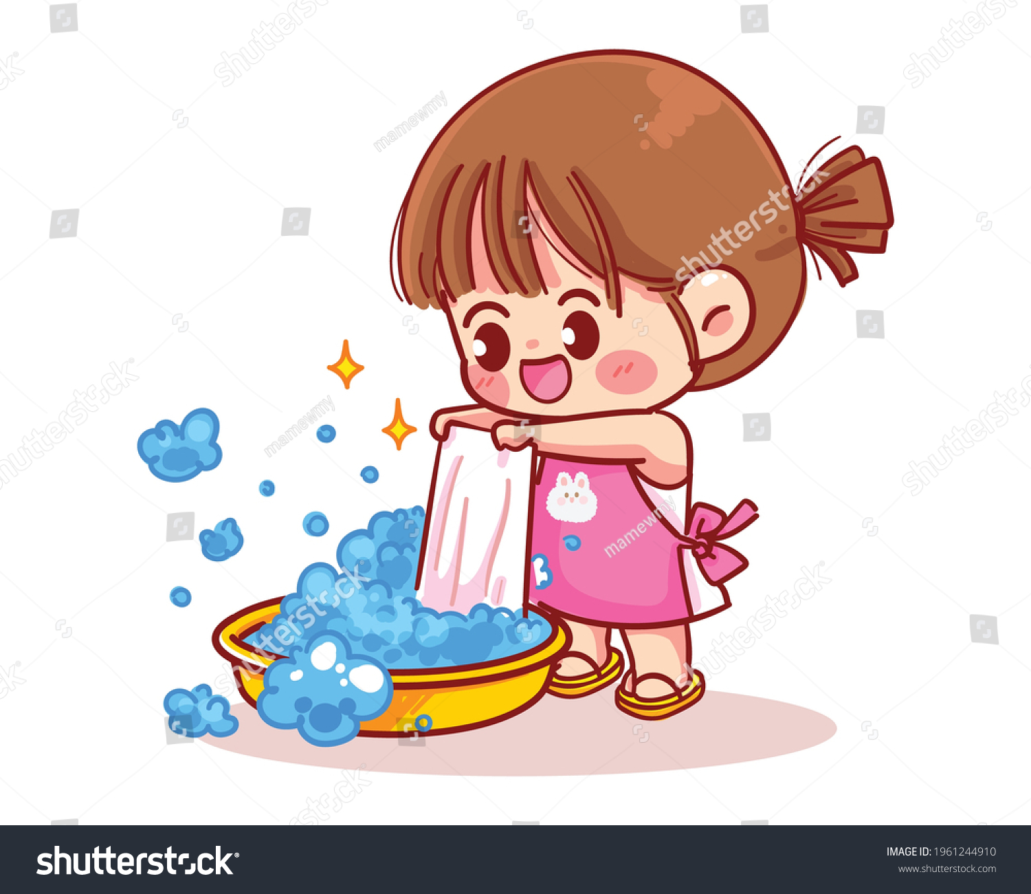 Cute Girl Washes Clothes Cartoon Art Stock Vector (Royalty Free ...