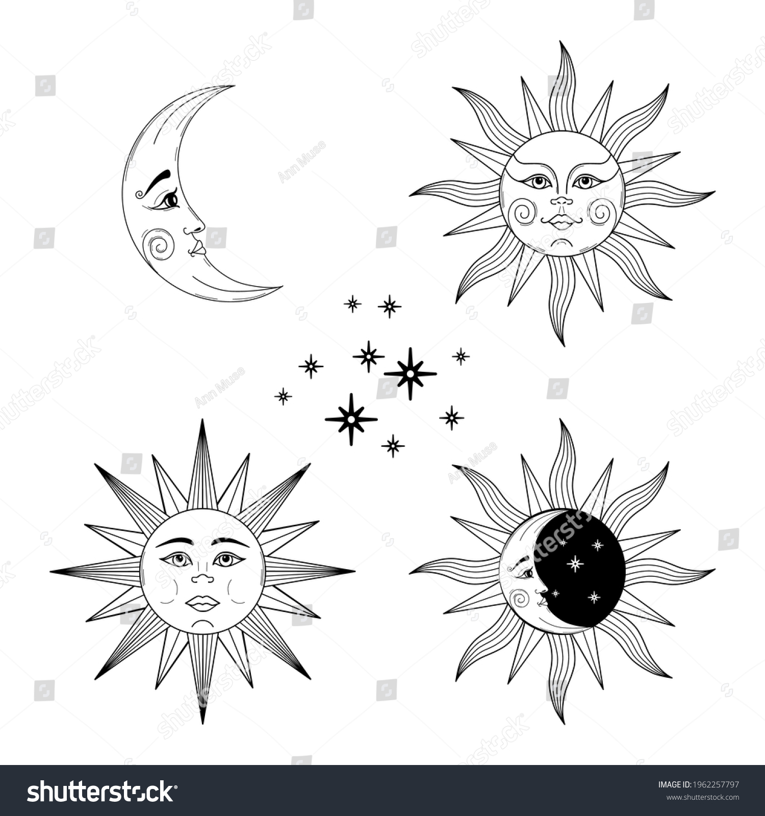 Vector Set Isolated Sun Moon Stars Stock Vector (Royalty Free ...