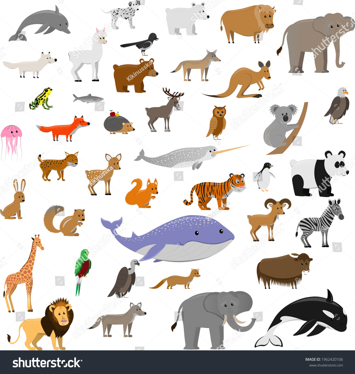 Big Set Cute Cartoon Animals Isolated Stock Vector (Royalty Free ...