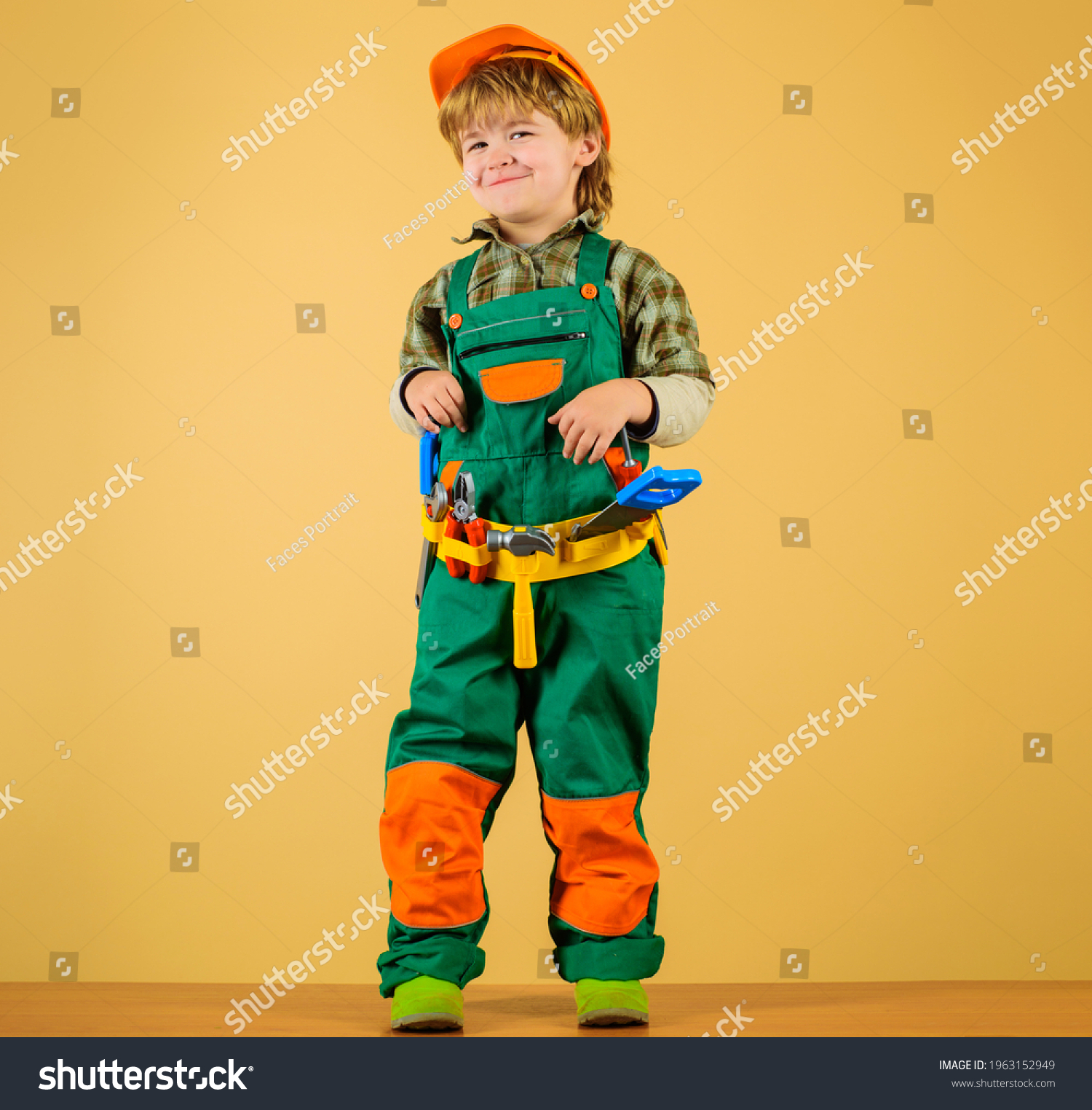 Smiling Boy Builders Uniform Helmet Tools Stock Photo 1963152949 ...