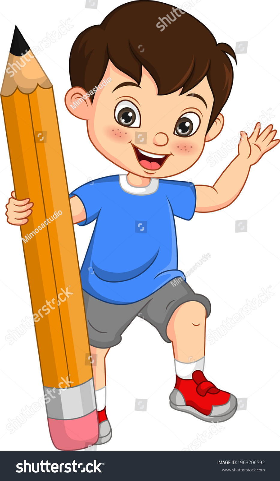 Cute Little Boy Holding Big Pencil Stock Vector (Royalty Free ...