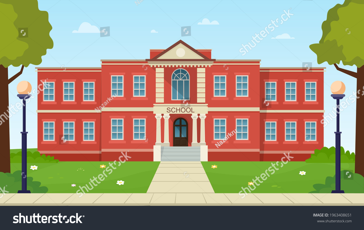 School Building Facade Green Grass Trees Stock Vector (Royalty Free ...