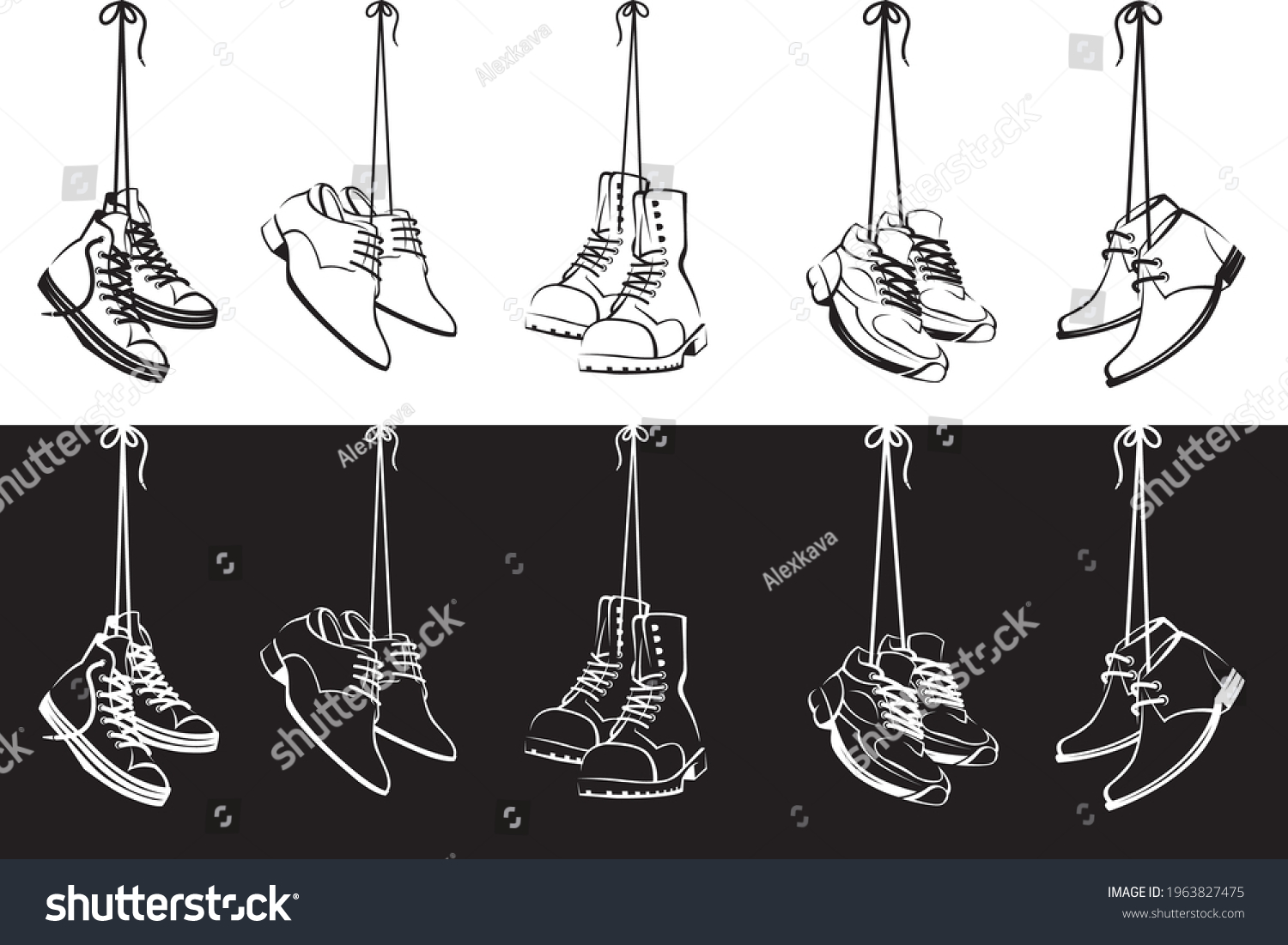 47 535. Ботинки висят на шнурках рисунок. Ноги в обуви висят. Dangling Shoe cartoon.