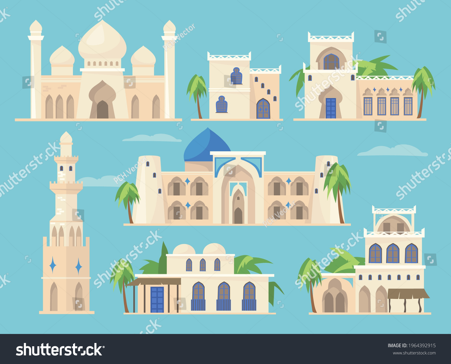 Cartoon Set Different Arabic Buildings Traditional Stock Vector ...