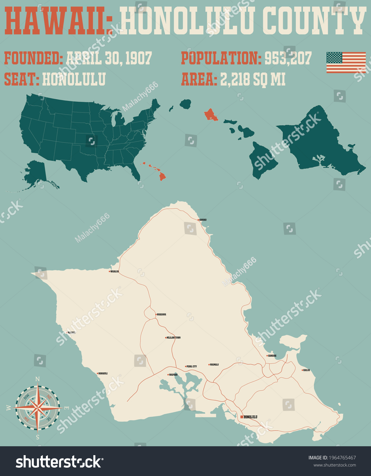 Large Detailed Map Honolulu County Hawaii Stock Vector (Royalty Free 