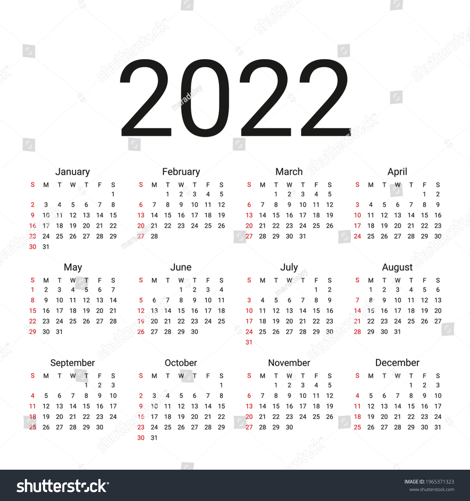 2022 Calendar Vector Week Starts Sunday Stock Vector (Royalty Free ...