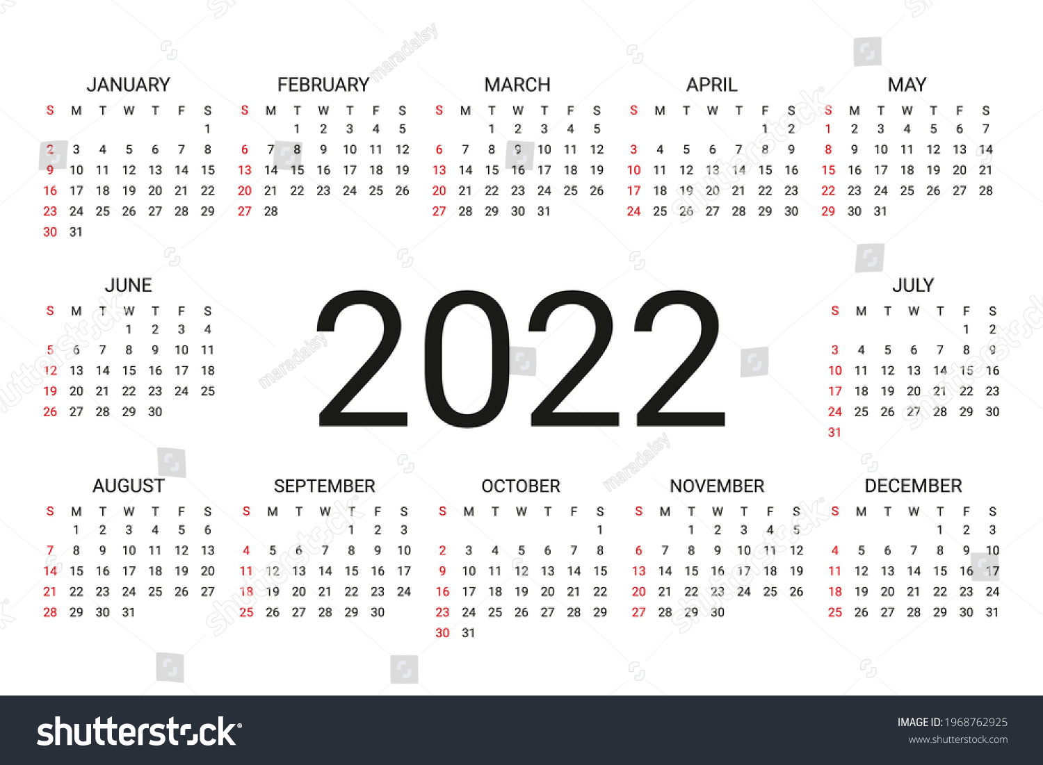 2022 Calendar Week Starts Sunday Simple Stock Vector (Royalty Free ...