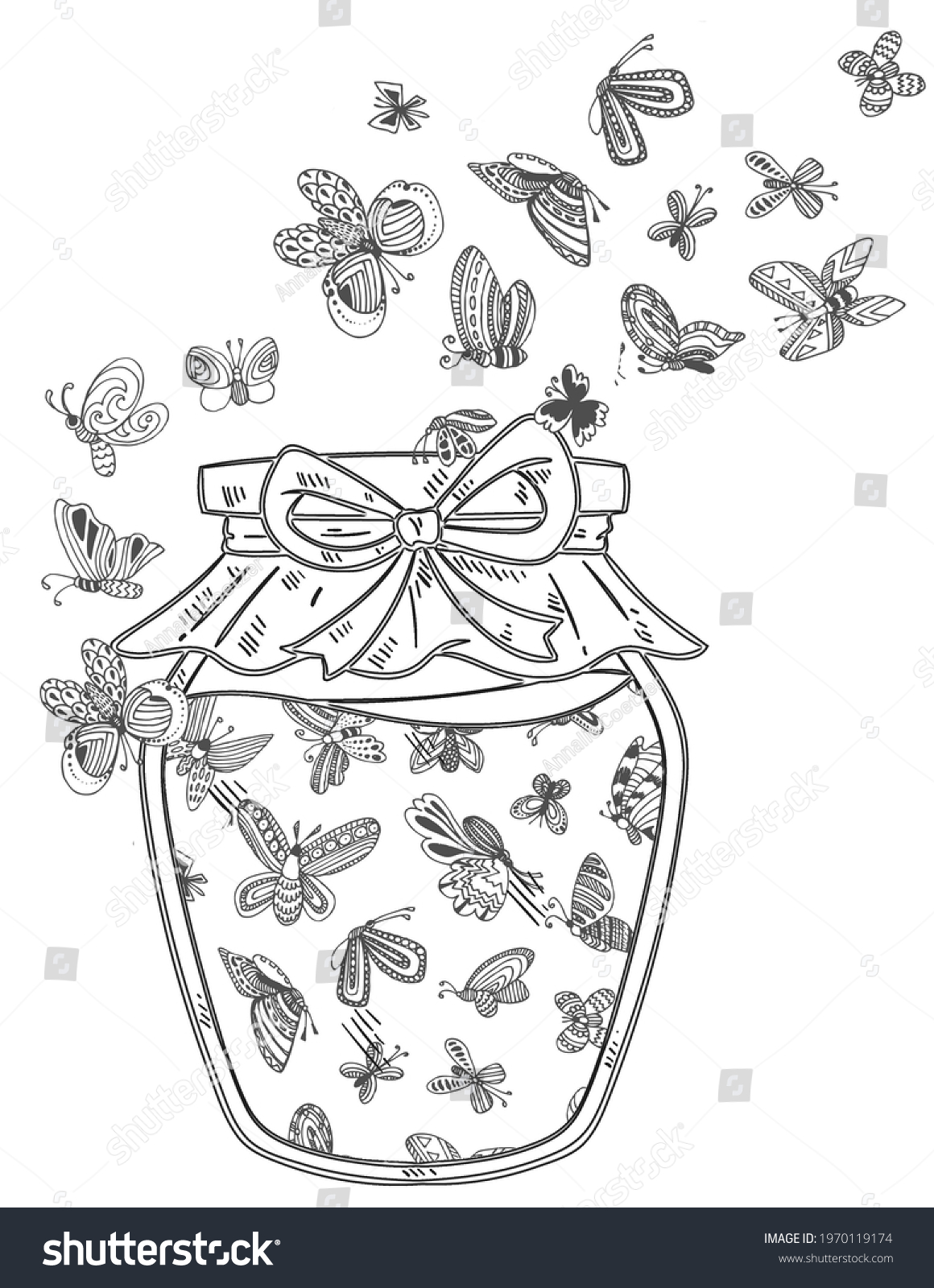 Sketch Butterflies Bottle Adult Coloring Page Stock Illustration ...