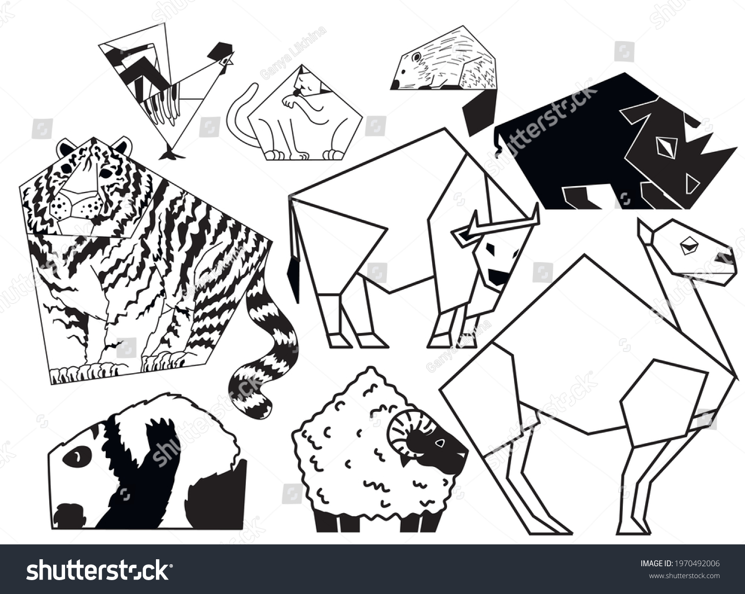 Vector Lineart Black White Animals Set Stock Vector (Royalty Free