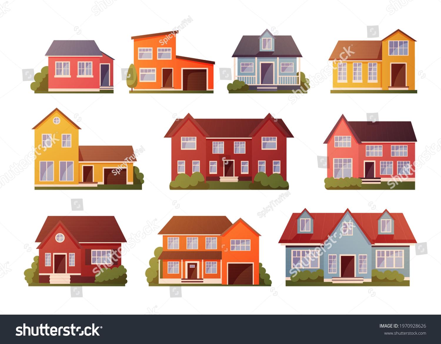 Cartoon Houses Residential Buildings Exteriors Roofs Stock Vector ...